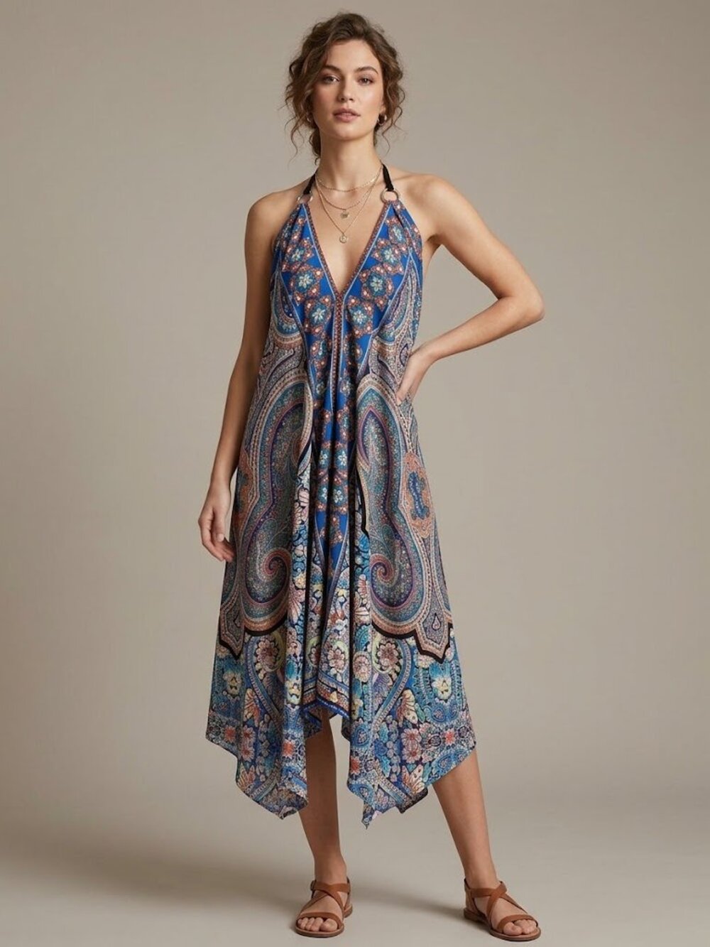 NWT Celina Royal Blue Paisley Halter Handkerchief Hem Dress One Size
